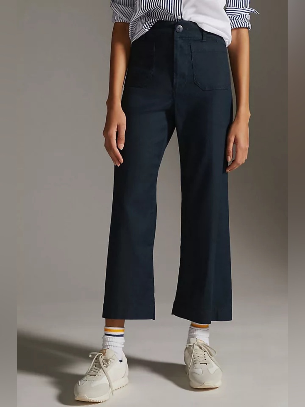 Maeve Anthropologie The Colette Cropped Linen Wide-Leg Pants in Navy